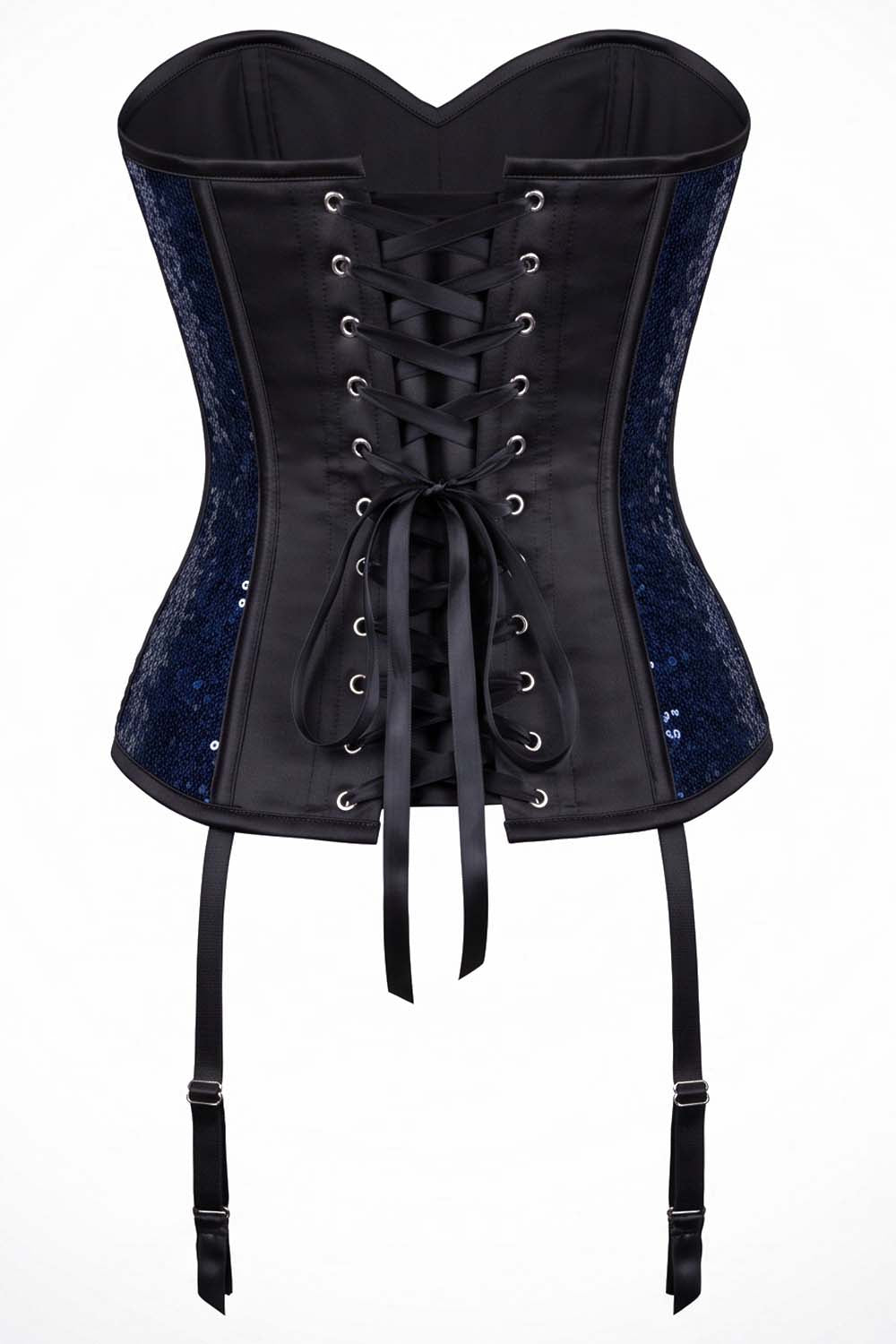 Rosalyn Blue Sequin Burlesque Overbust Corset with Garter Straps