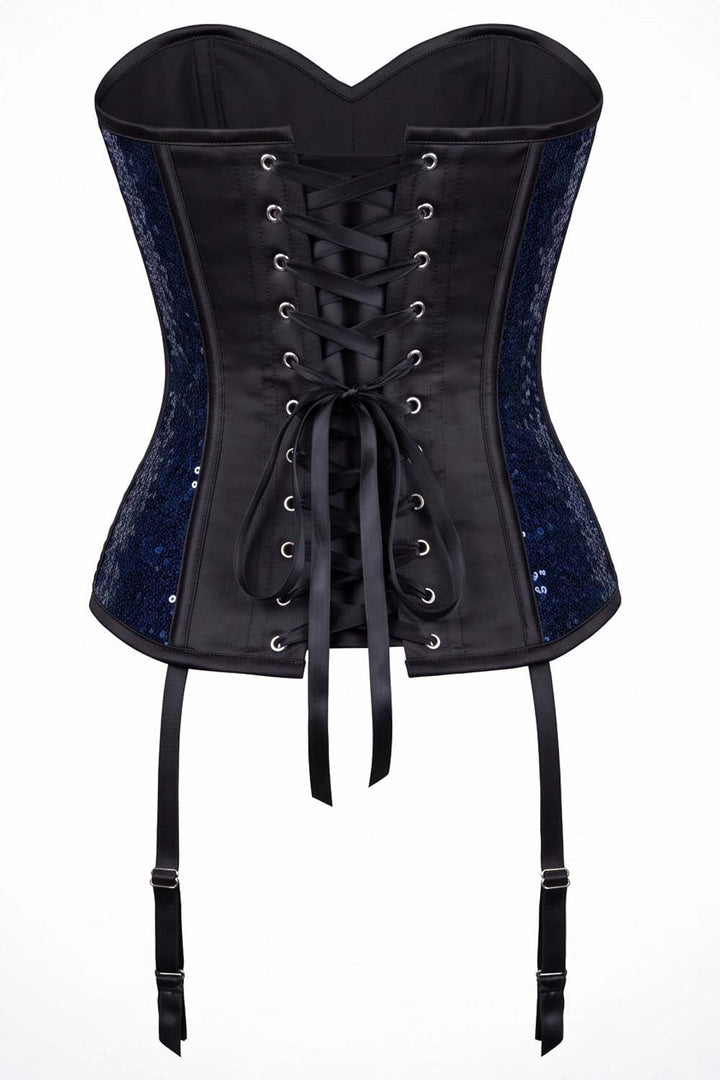 Rosalyn Blue Sequin Burlesque Overbust Corset with Garter Straps