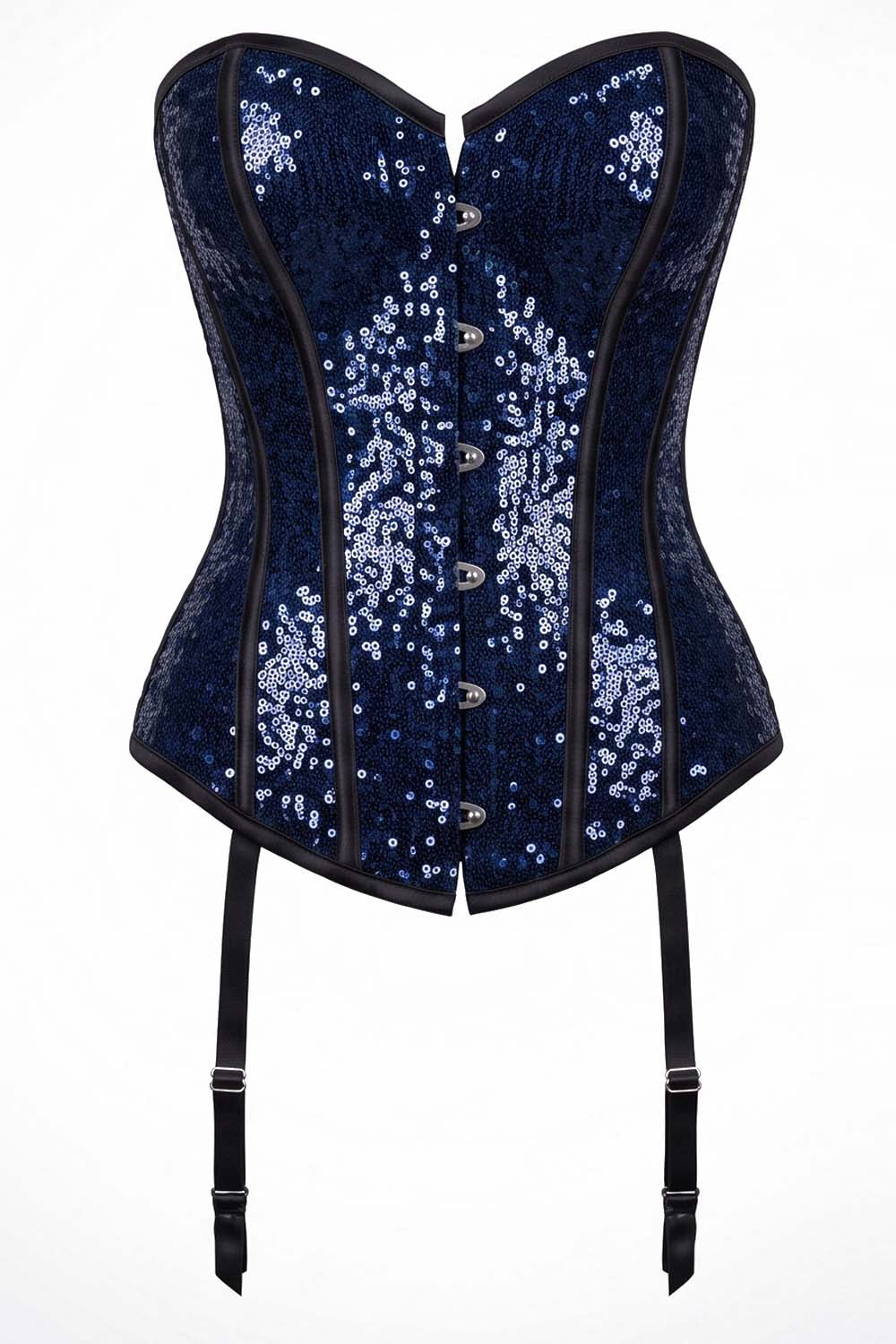 Rosalyn Blue Sequin Burlesque Overbust Corset with Garter Straps