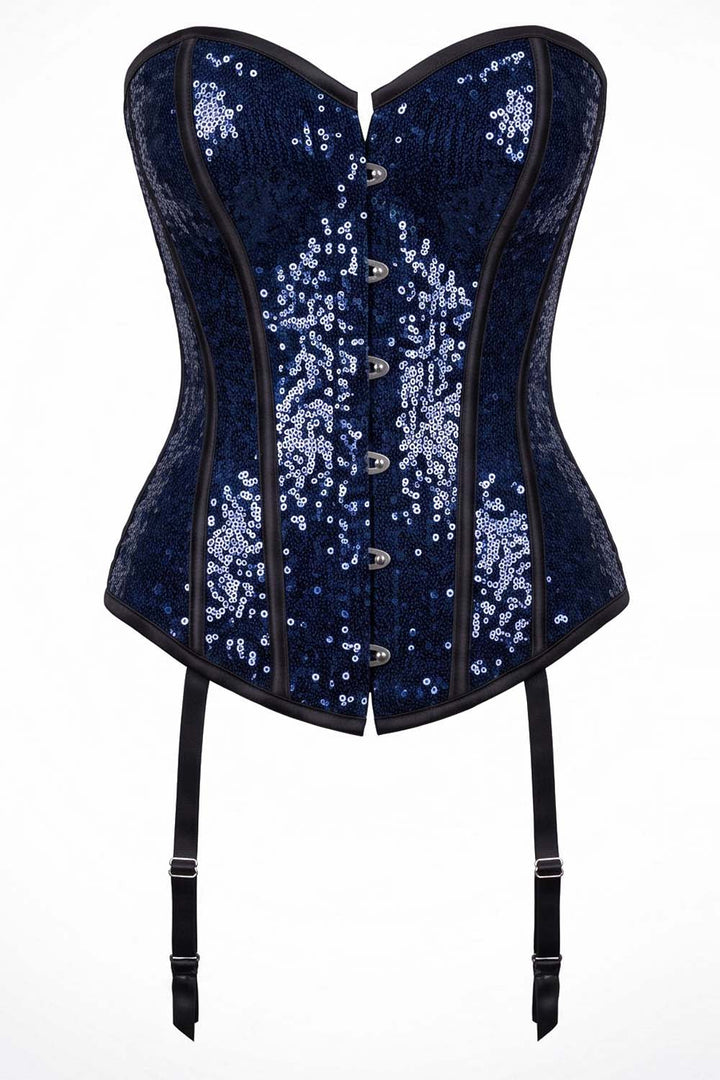 Rosalyn Blue Sequin Burlesque Overbust Corset with Garter Straps