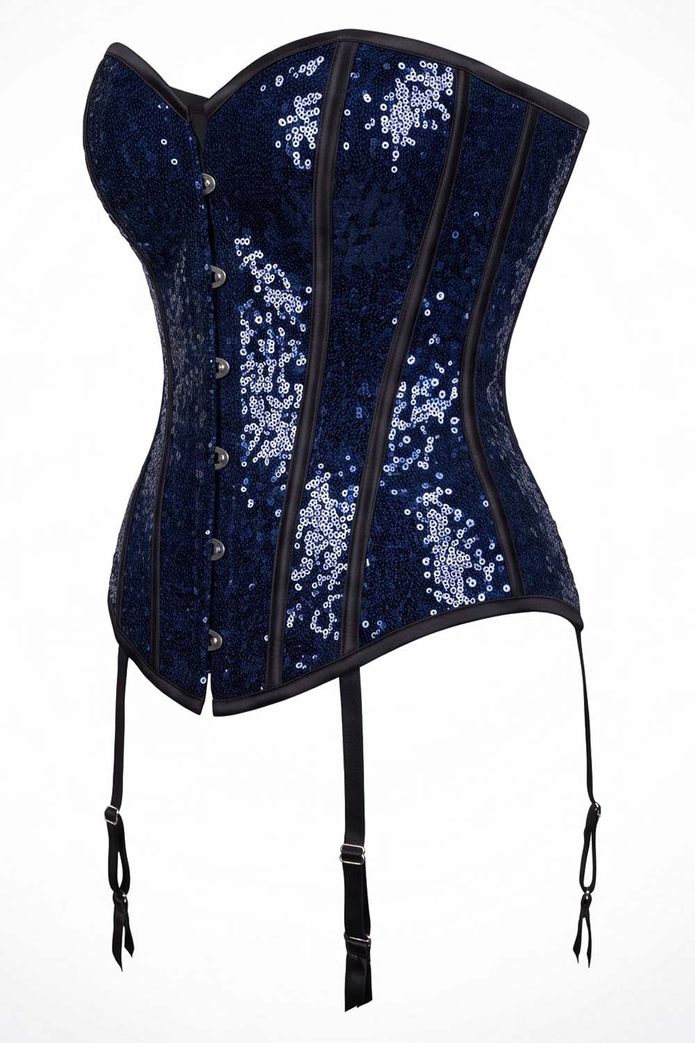 Rosalyn Blue Sequin Burlesque Overbust Corset with Garter Straps