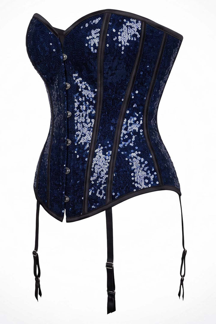 Rosalyn Blue Sequin Burlesque Overbust Corset with Garter Straps
