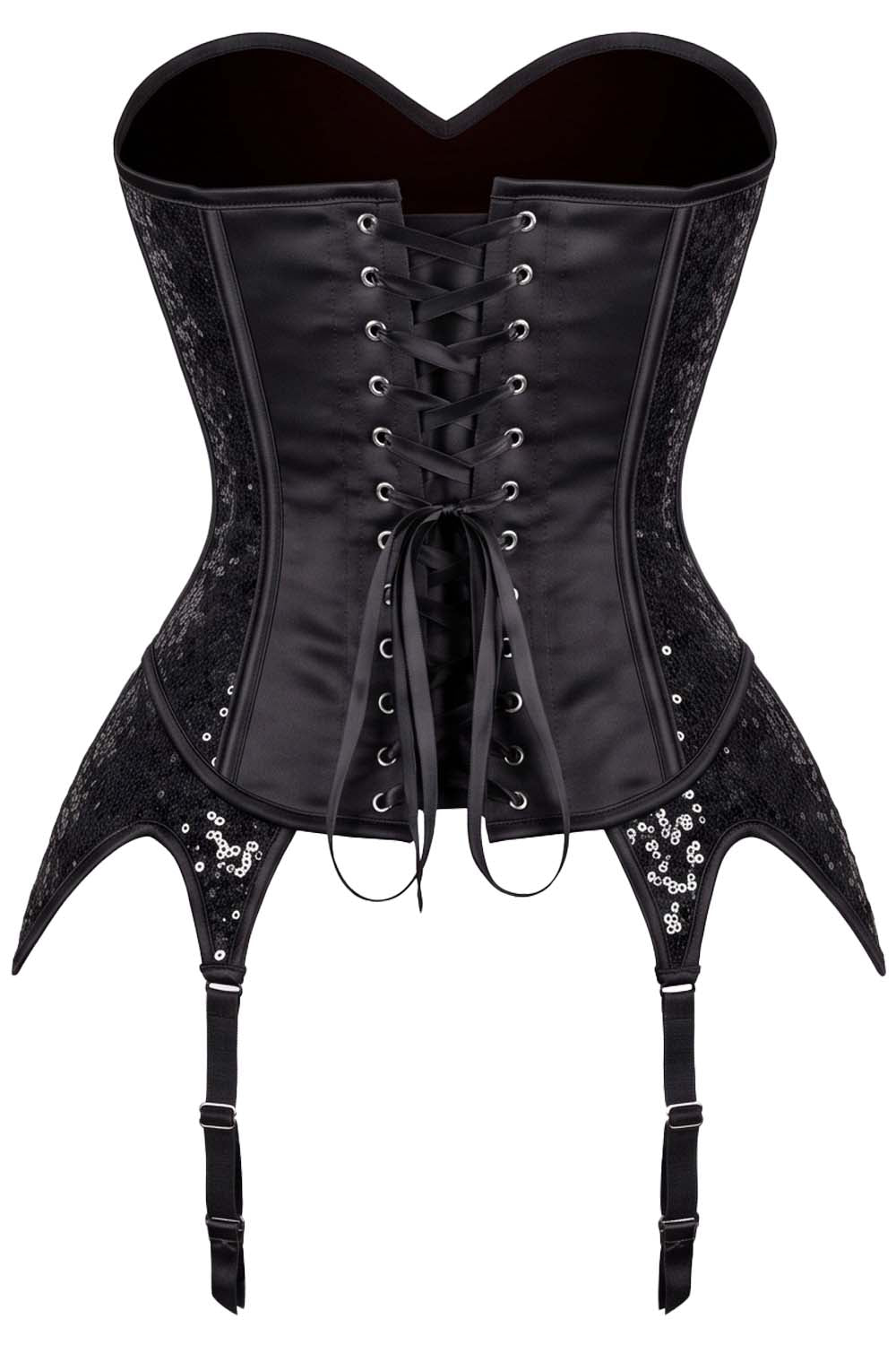 Rosalyn Sequins Burlesque Corset with Hip Flaps and Garters