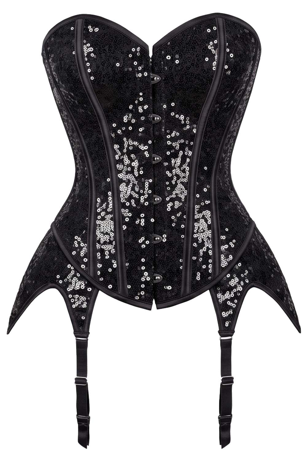 Rosalyn Sequins Burlesque Corset with Hip Flaps and Garters