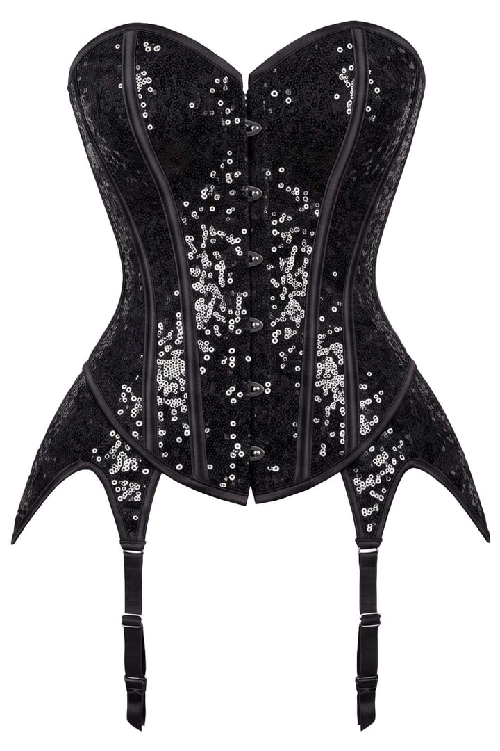 Rosalyn Sequins Burlesque Corset with Hip Flaps and Garters