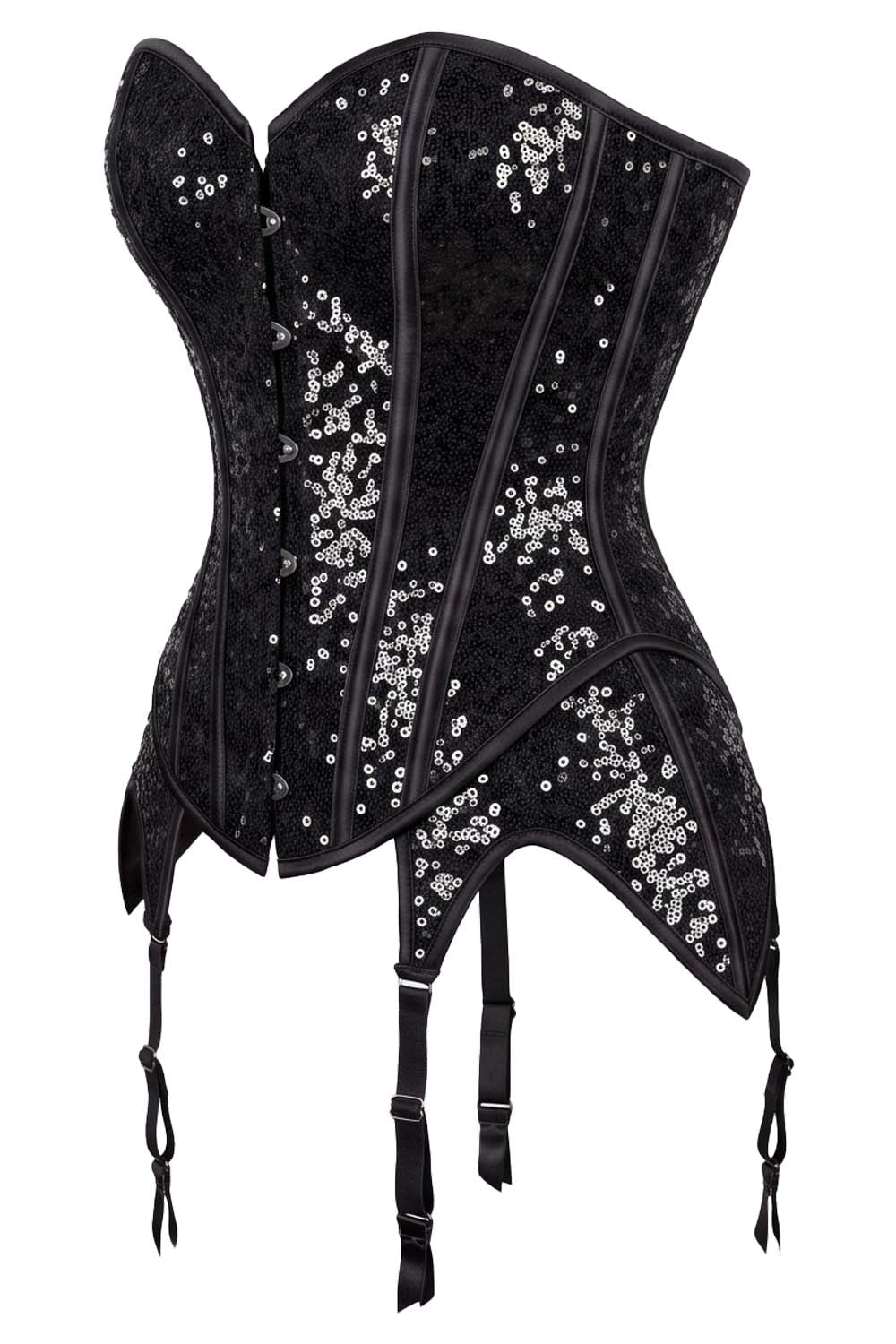 Rosalyn Sequins Burlesque Corset with Hip Flaps and Garters