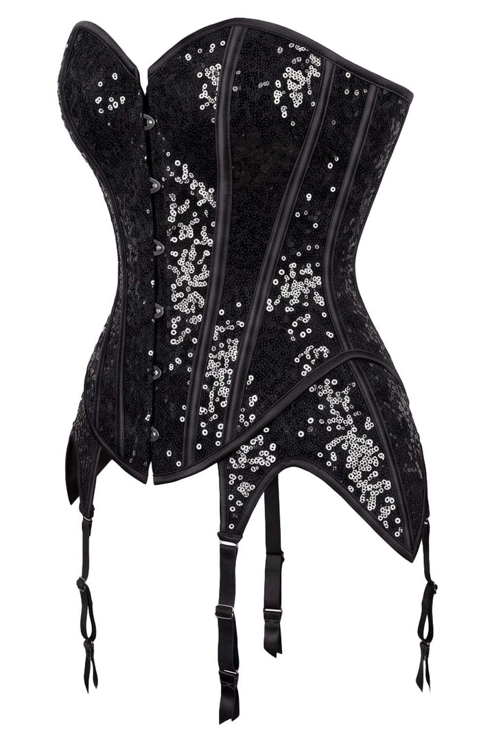 Rosalyn Sequins Burlesque Corset with Hip Flaps and Garters