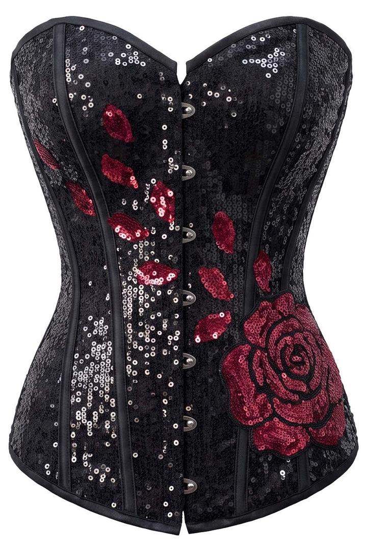 Navya Midnight Black Red Rose Sequins Burlesque Overbust Corset