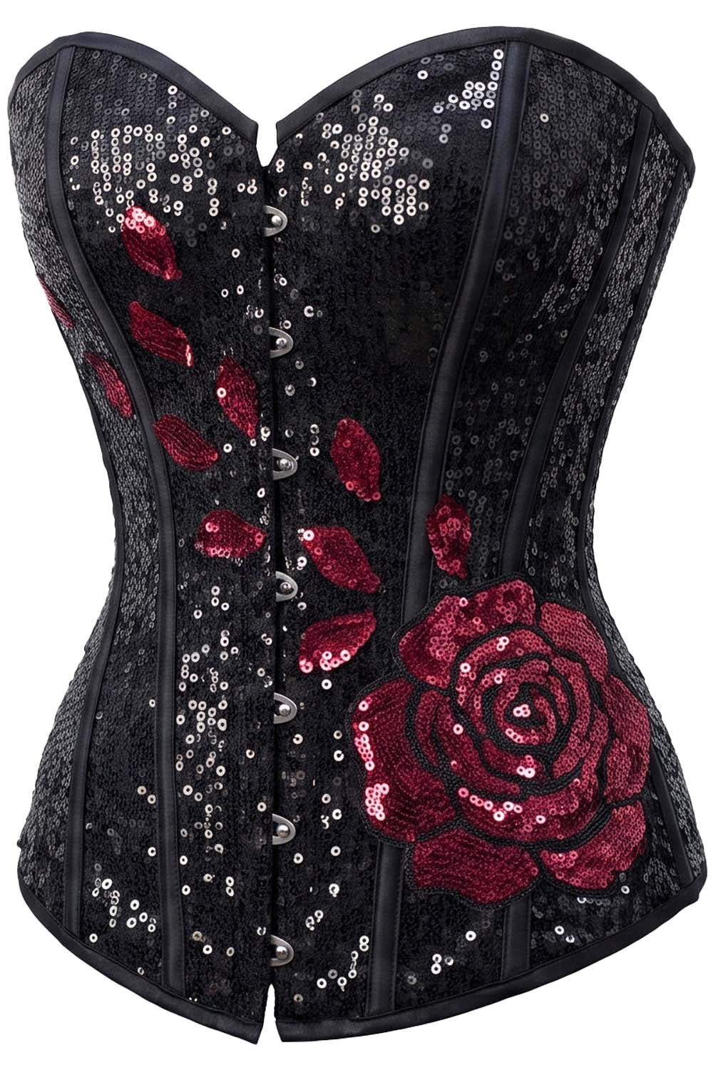 Navya Midnight Black Red Rose Sequins Burlesque Overbust Corset