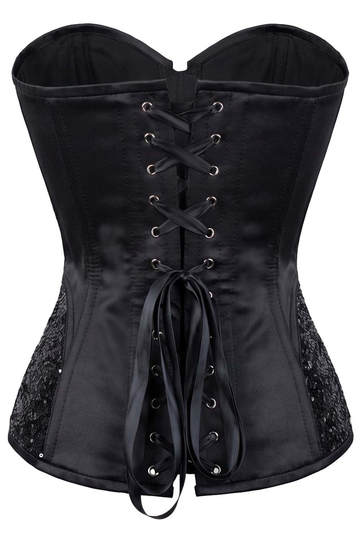 Keanna Black Burlesque Overbust Corset with Sequin Side Panels