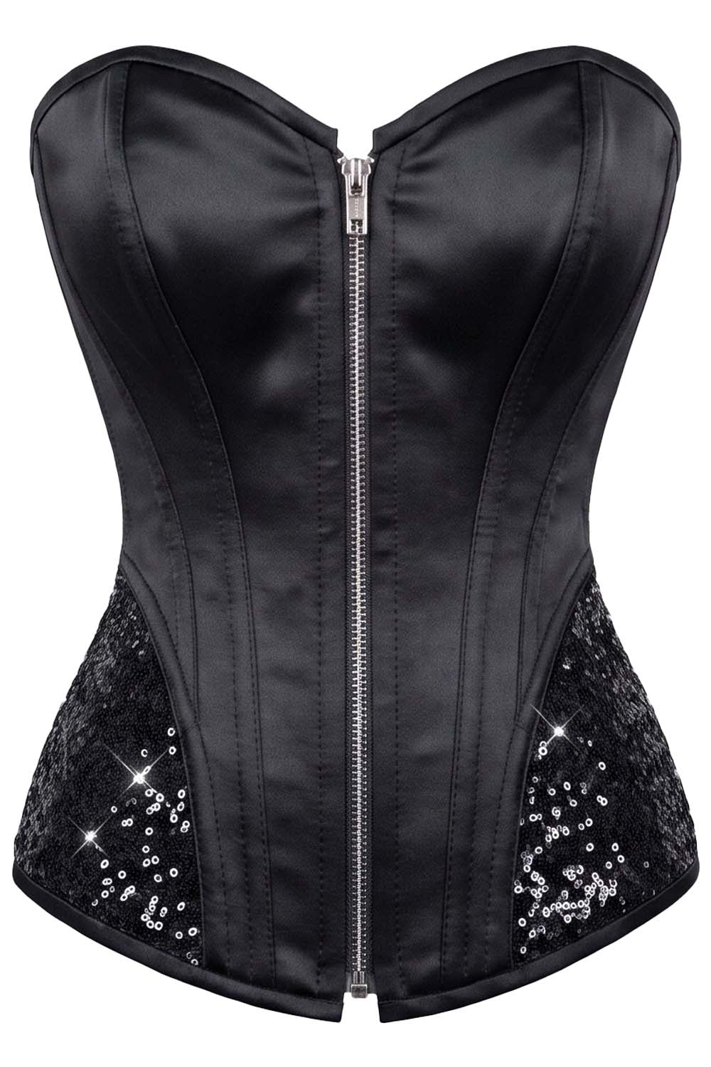 Keanna Black Burlesque Overbust Corset with Sequin Side Panels