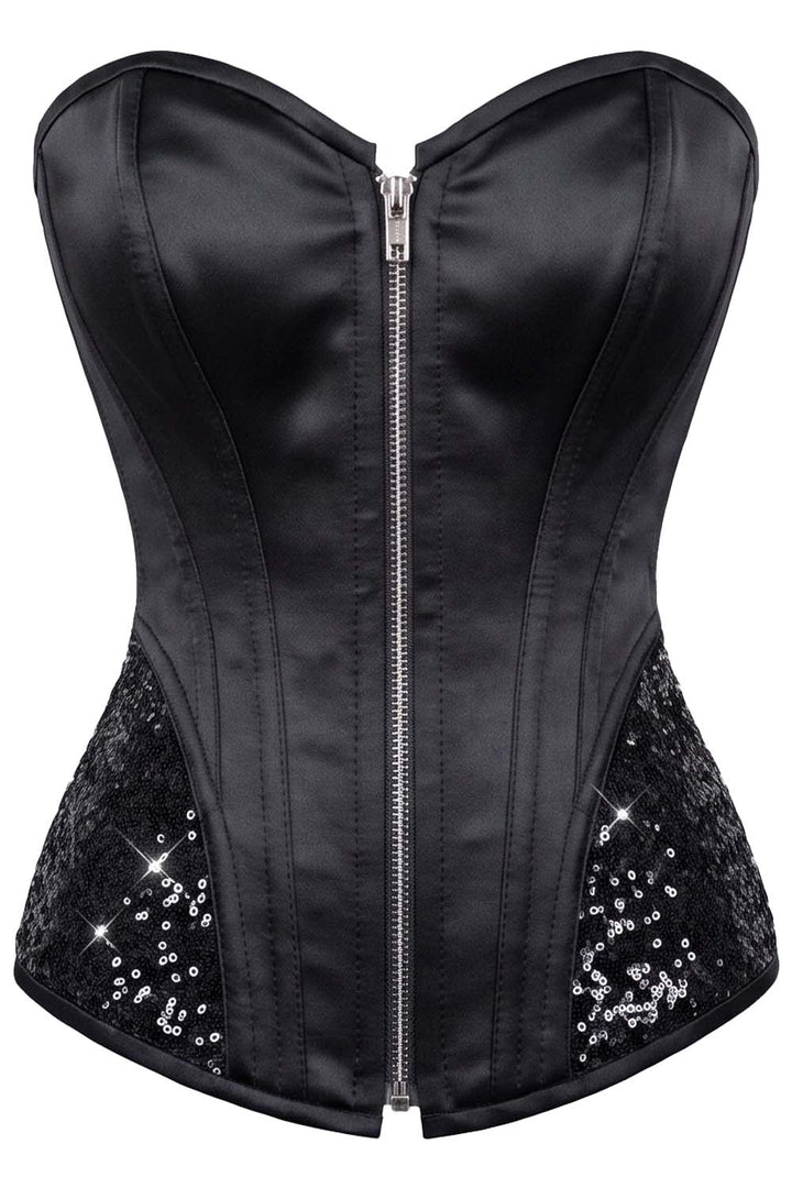 Keanna Black Burlesque Overbust Corset with Sequin Side Panels
