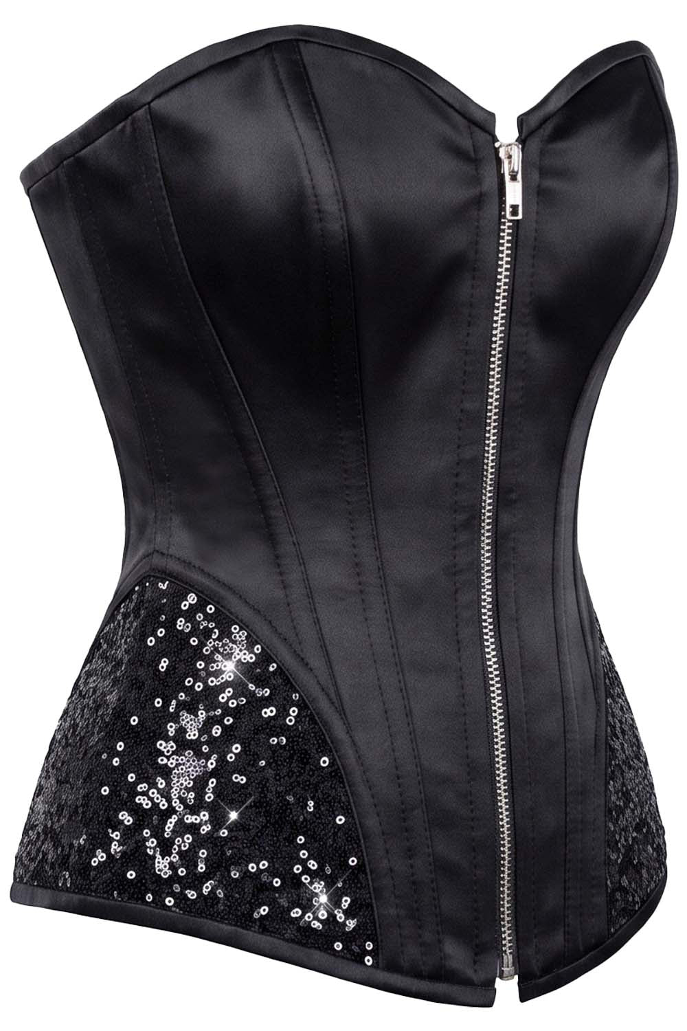 Keanna Black Burlesque Overbust Corset with Sequin Side Panels