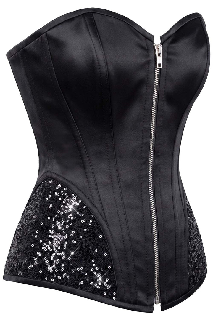 Keanna Black Burlesque Overbust Corset with Sequin Side Panels