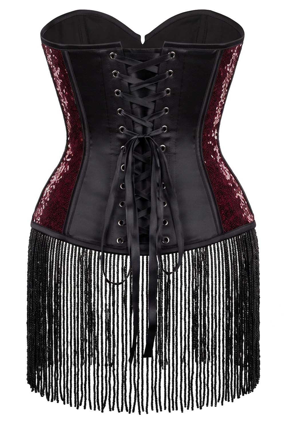 Black corset-style mini dress with burgundy sequined side panels, front lace-up closure, and long black fringe hem, shown on a plain white background.