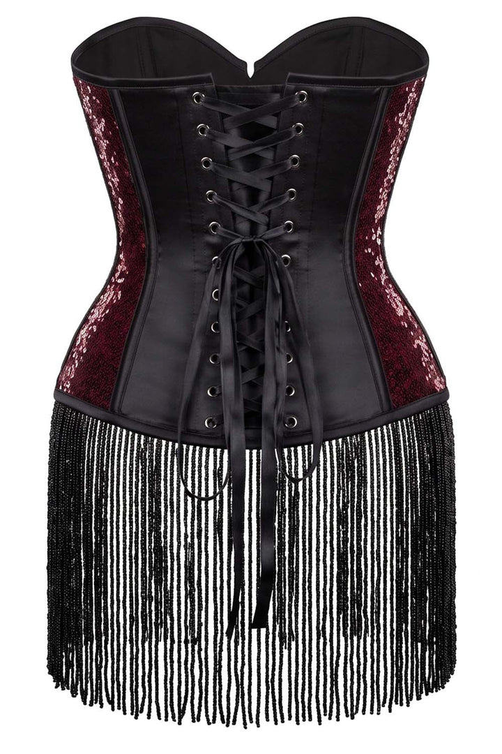 Black corset-style mini dress with burgundy sequined side panels, front lace-up closure, and long black fringe hem, shown on a plain white background.