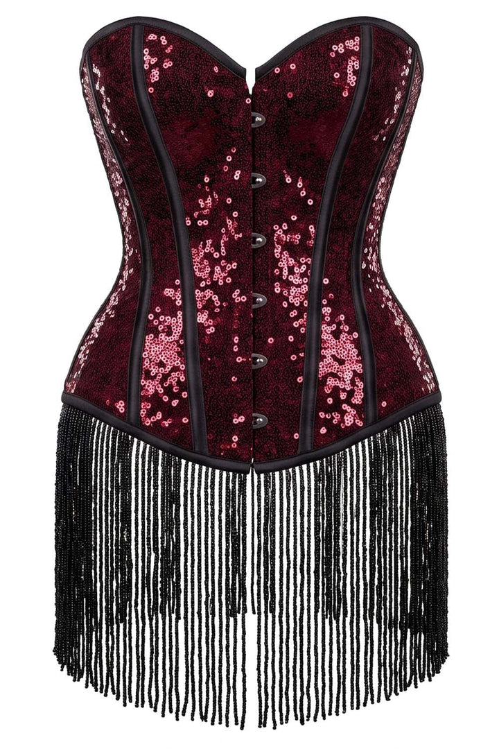 Rosalyn Burlesque Overbust Corset with Beaded Fringe Hem