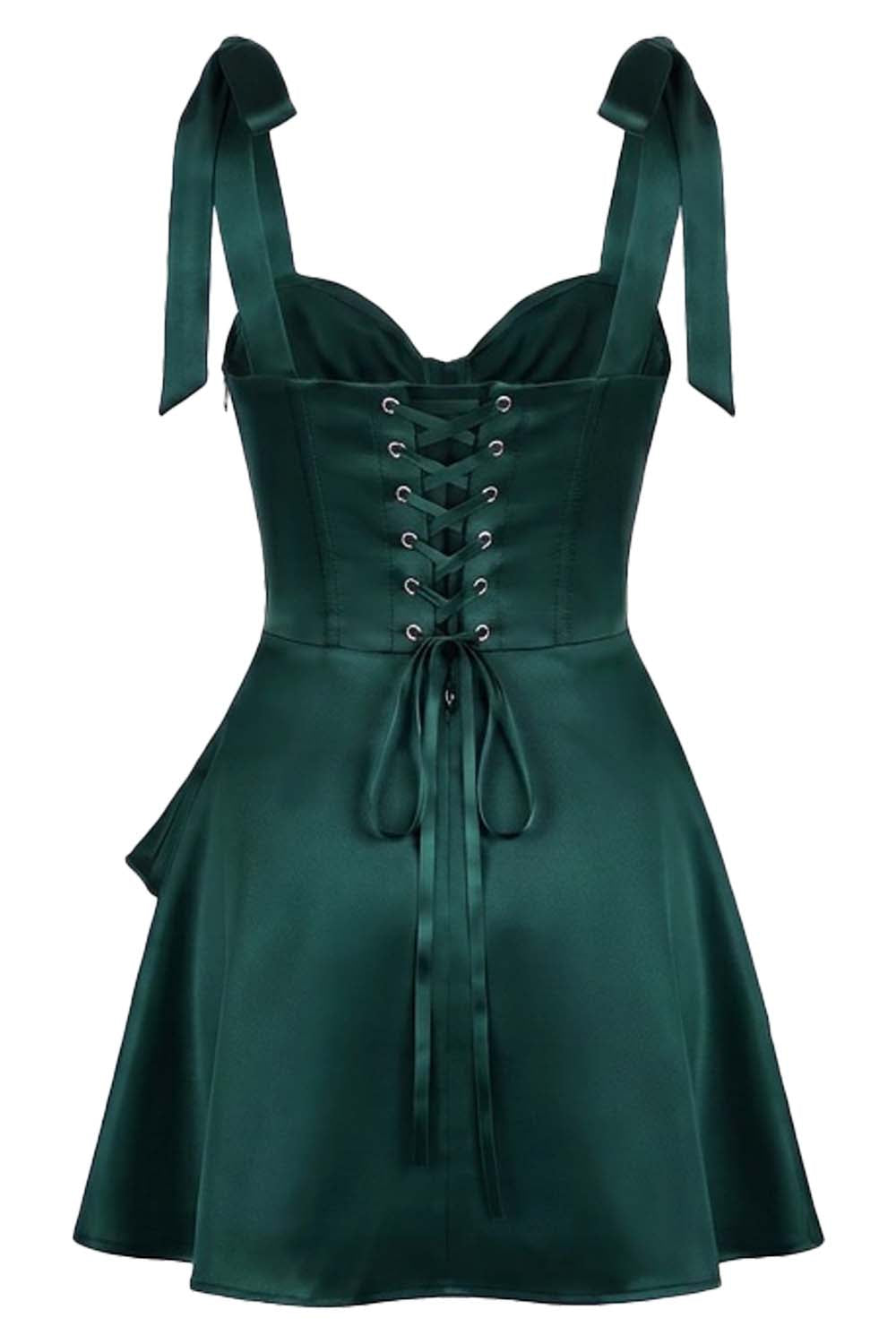 CARMILLA corset dress in dark teal green on model - back view