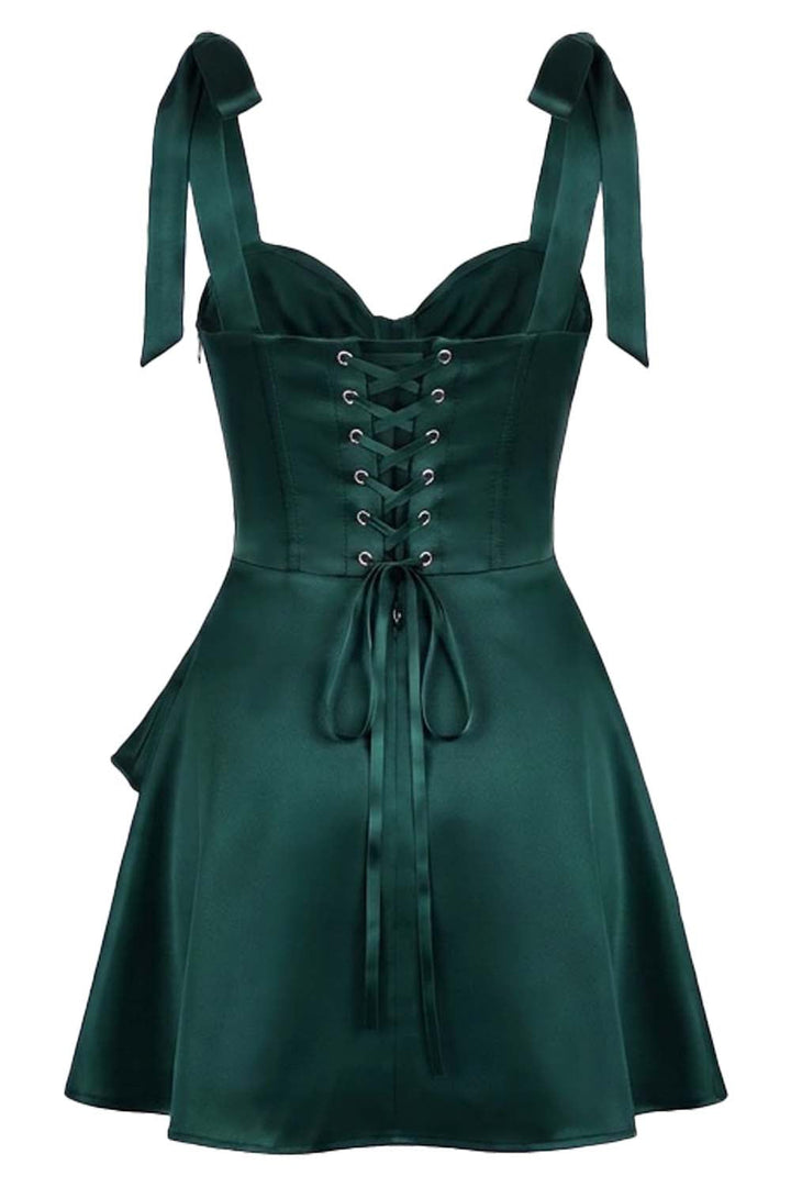 CARMILLA corset dress in dark teal green on model - back view