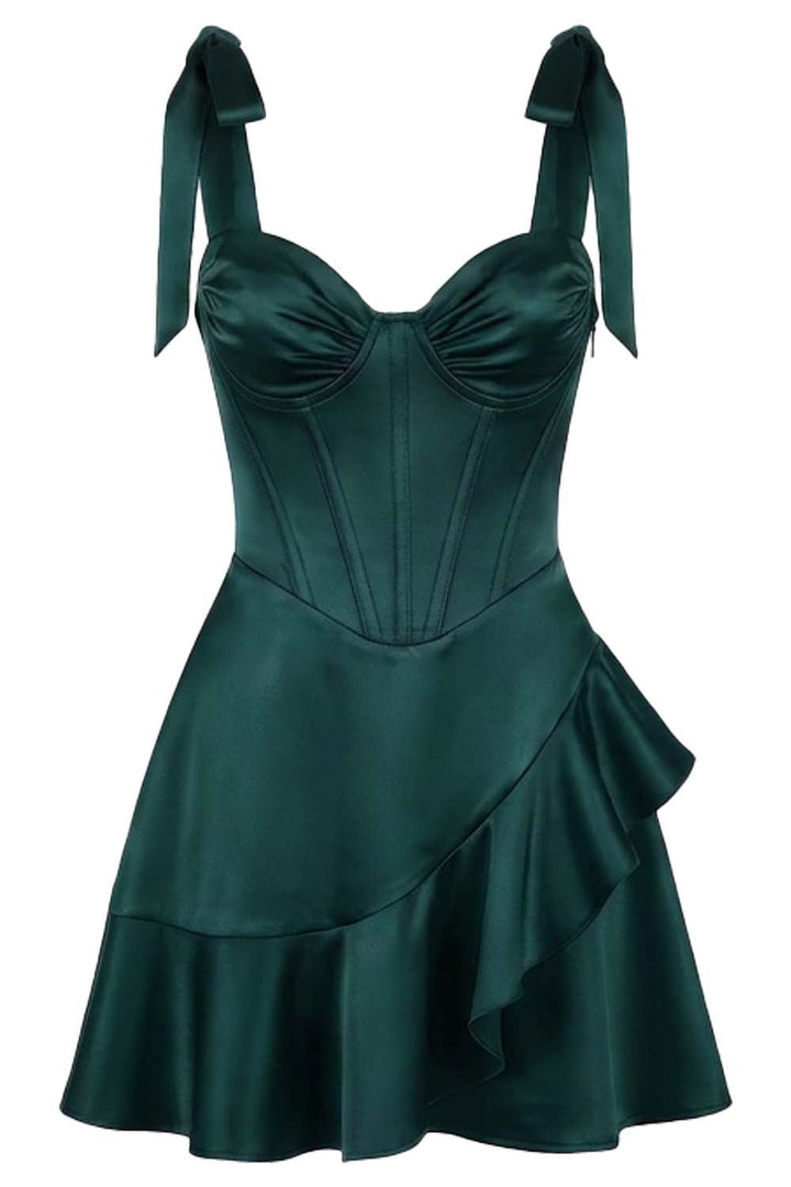CARMILLA corset dress in dark teal green on model - front view