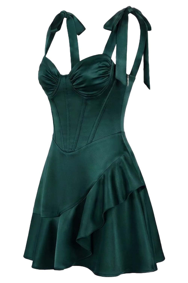 CARMILLA corset dress in dark teal green on model - side view