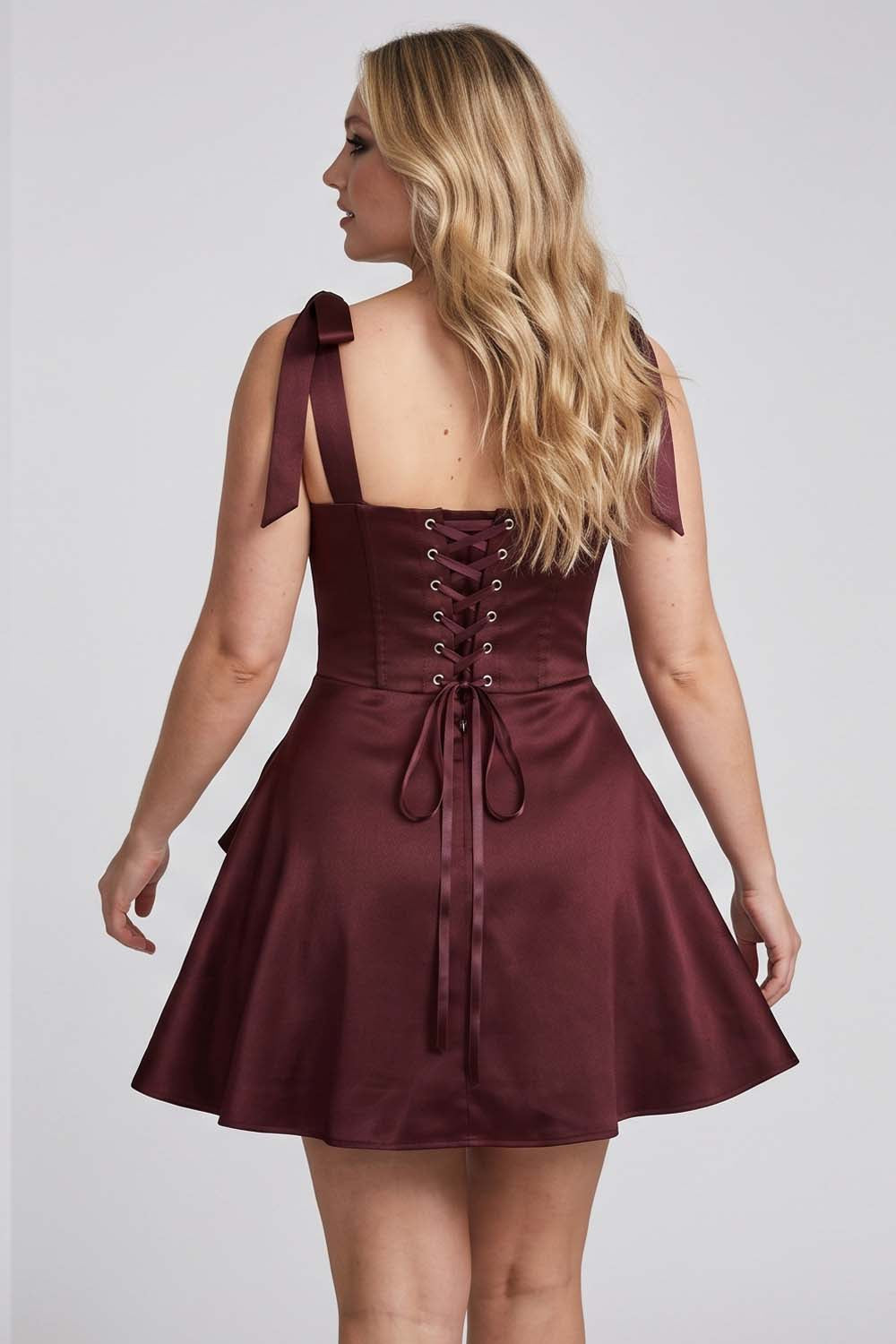 CARMILLA corset dress in dark maroon by Luxe Noir - back view