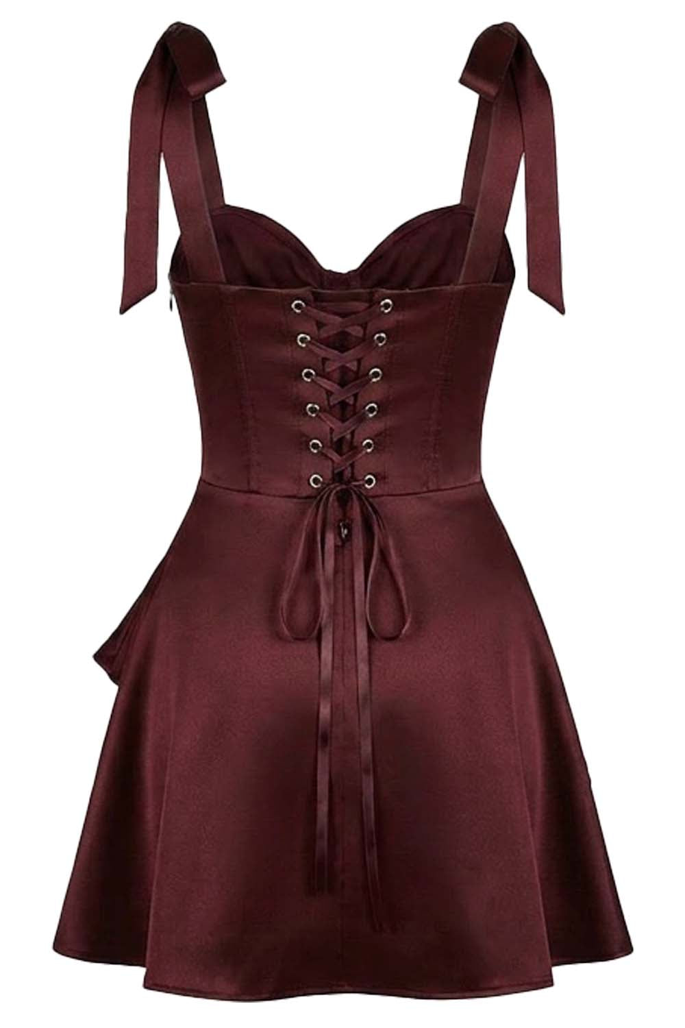 CARMILLA corset dress in dark maroon on model - back view