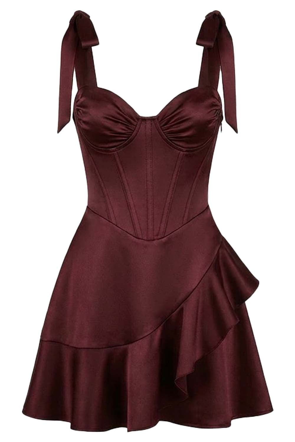 CARMILLA corset dress in dark maroon on model - front view