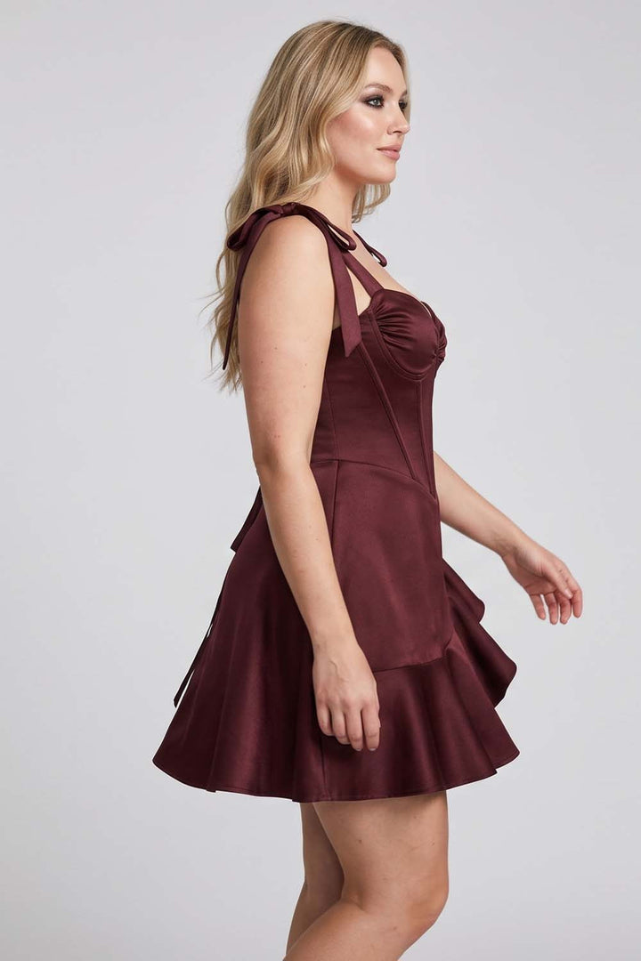 CARMILLA corset dress in dark maroon by Luxe Noir - side view