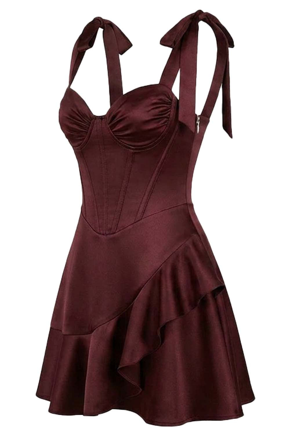CARMILLA corset dress in dark maroon on model - side view