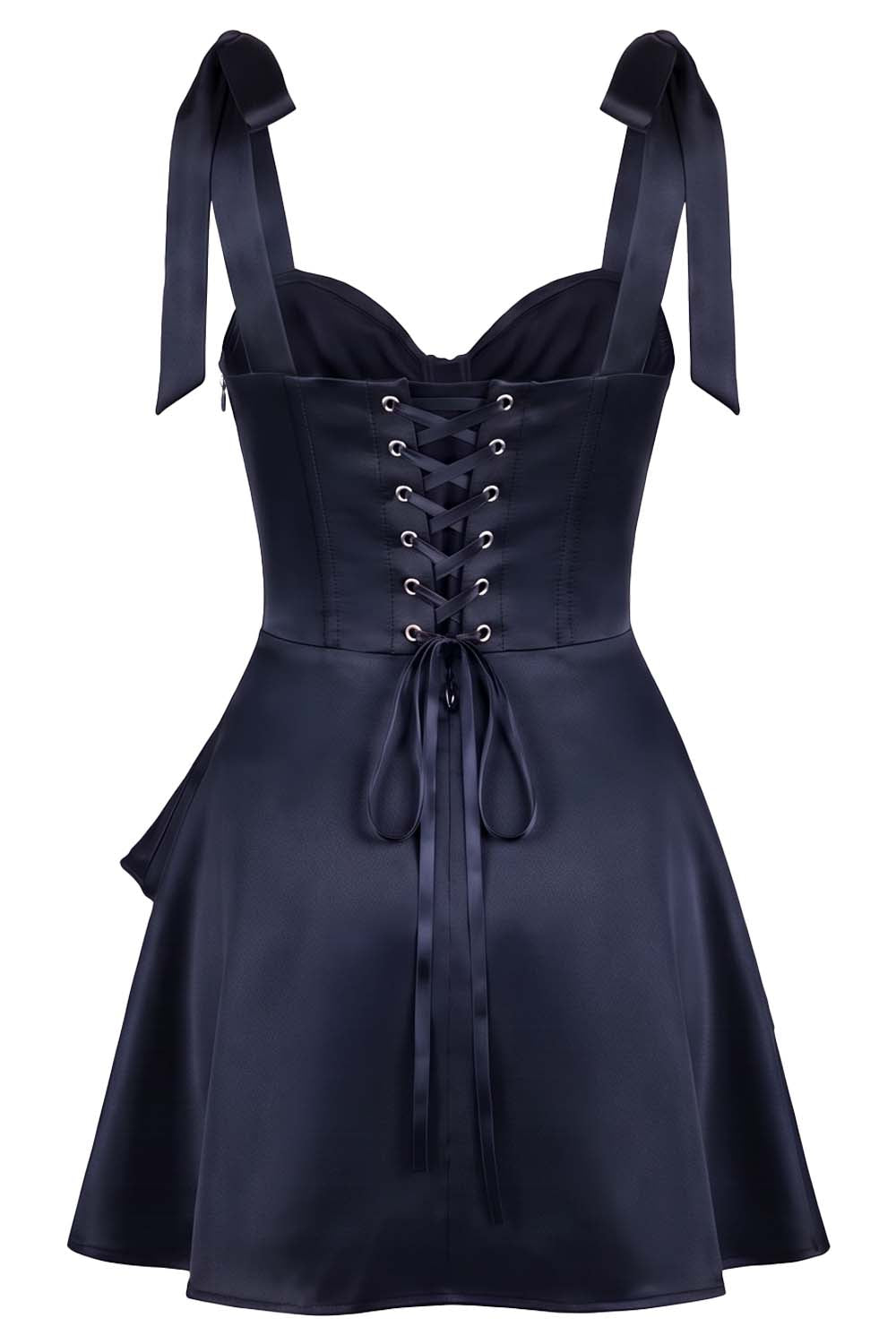 CARMILLA corset dress in midnight navy on model - back view