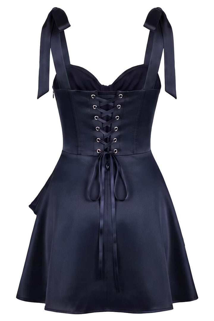 CARMILLA corset dress in midnight navy on model - back view