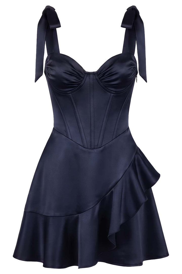 CARMILLA corset dress in midnight navy on model - front view