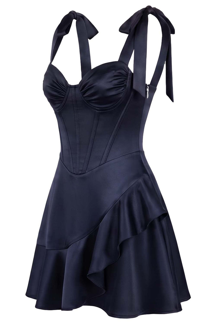 CARMILLA corset dress in midnight navy on model - side view