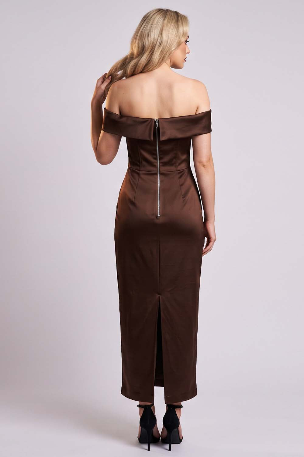 CELESTINE strapless column evening dress in brown by Luxe Noir - back view