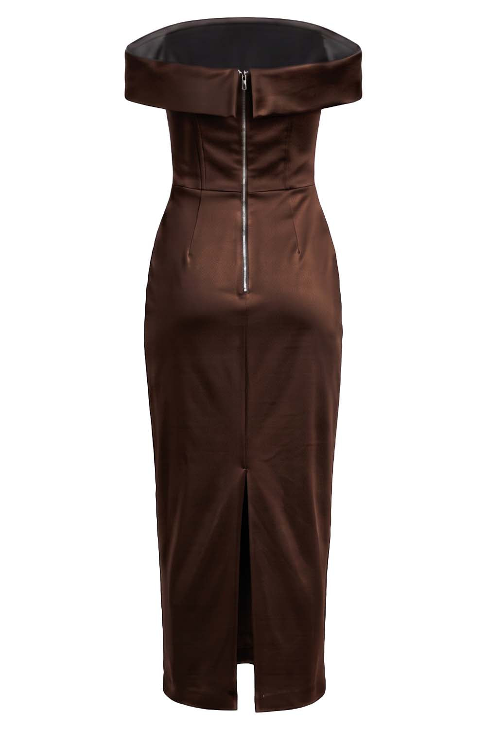 CELESTINE strapless column evening dress in brown on model - back view