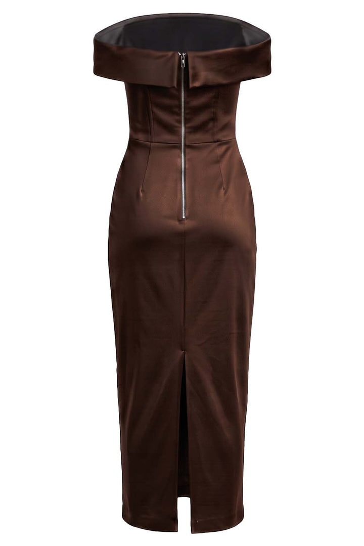 CELESTINE strapless column evening dress in brown on model - back view