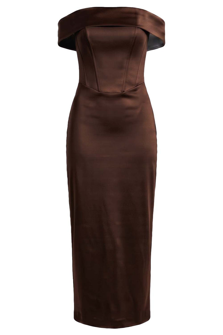 CELESTINE strapless column evening dress in brown on model - front view