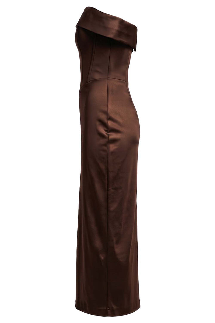 CELESTINE strapless column evening dress in brown on model - side view