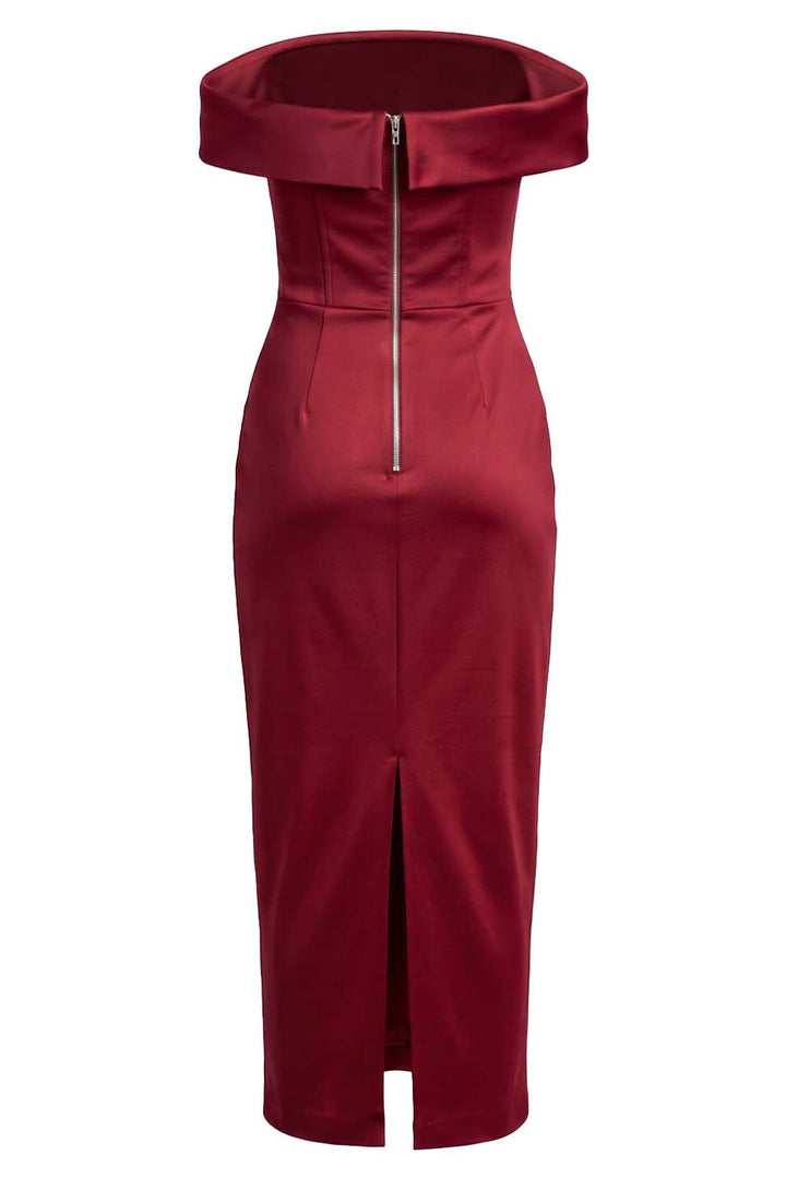 CELESTINE strapless column evening dress in crimson on model - back view