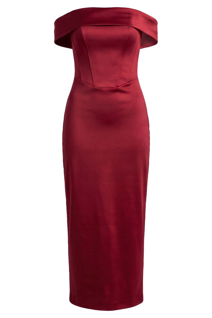 CELESTINE strapless column evening dress in crimson on model - front view
