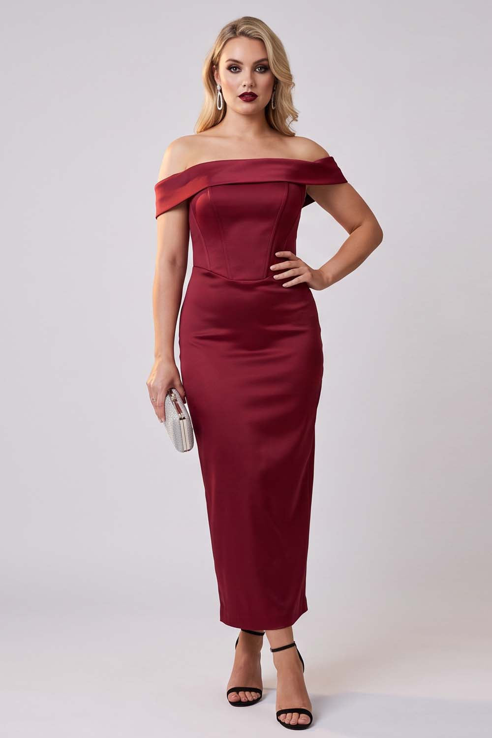 CELESTINE strapless column evening dress in crimson by Luxe Noir - front view