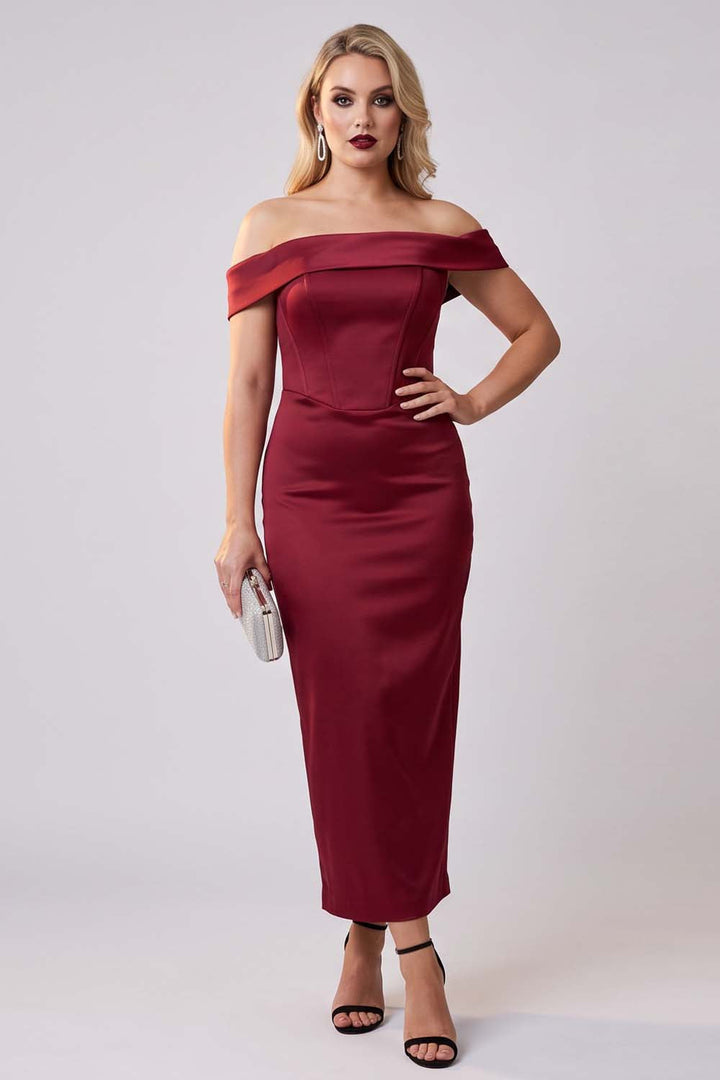 CELESTINE strapless column evening dress in crimson by Luxe Noir - front view