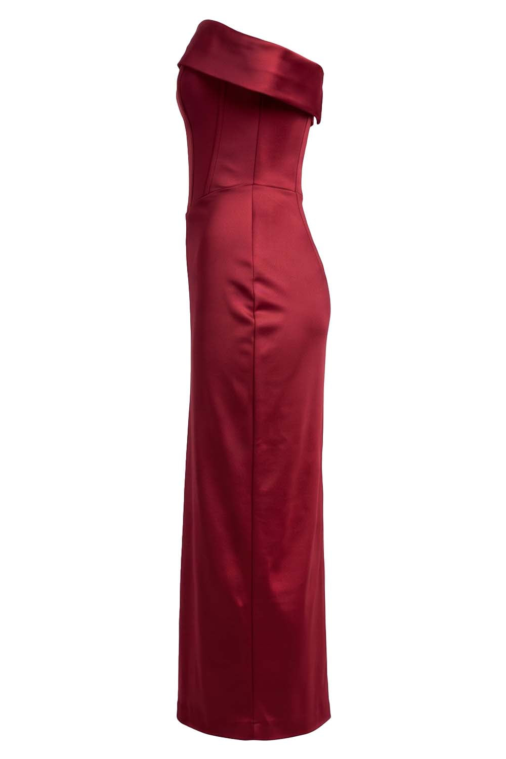 CELESTINE strapless column evening dress in crimson on model - side view