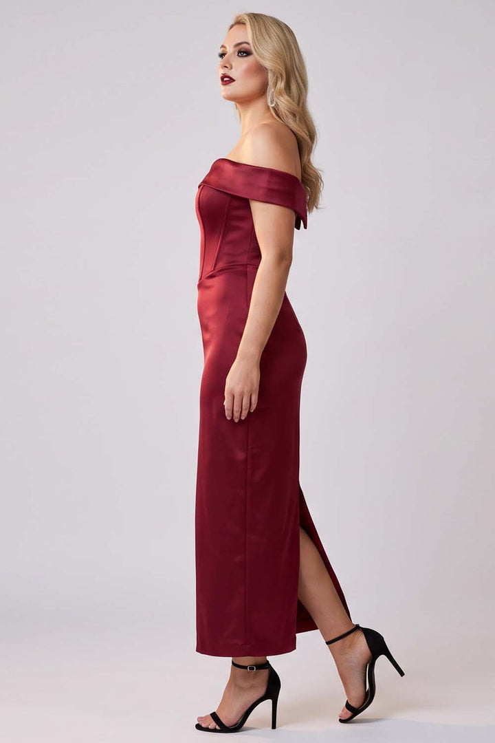 CELESTINE strapless column evening dress in crimson by Luxe Noir - side view
