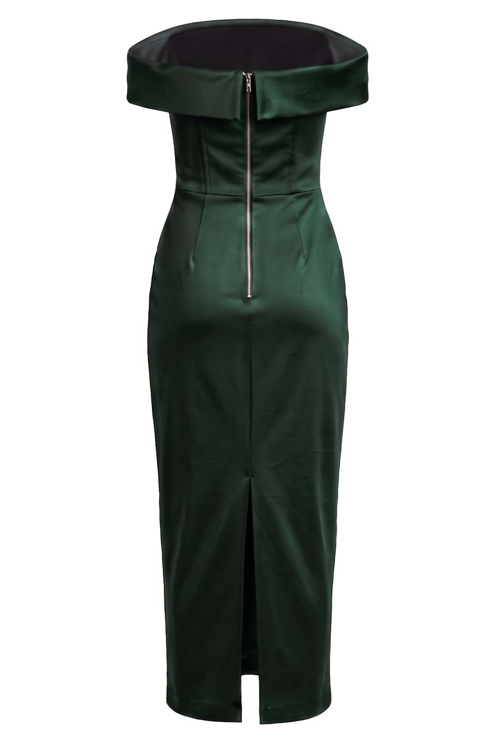 CELESTINE strapless column evening dress in deep forest green on model - back view