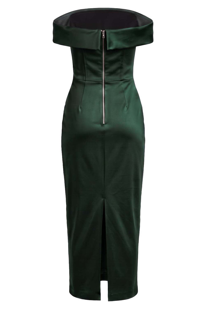 CELESTINE strapless column evening dress in deep forest green on model - back view