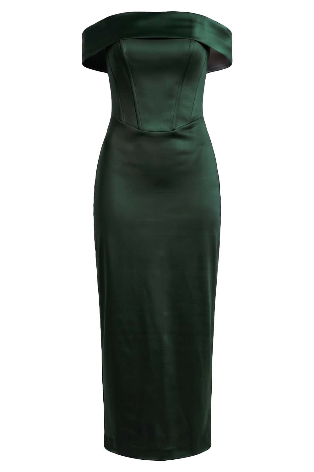 CELESTINE strapless column evening dress in deep forest green on model - front view