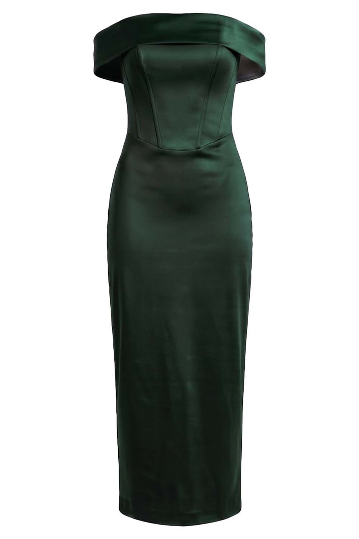 CELESTINE strapless column evening dress in deep forest green on model - front view