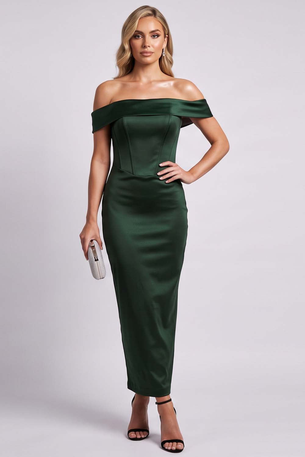 CELESTINE strapless column evening dress in deep forest green by Luxe Noir - front view